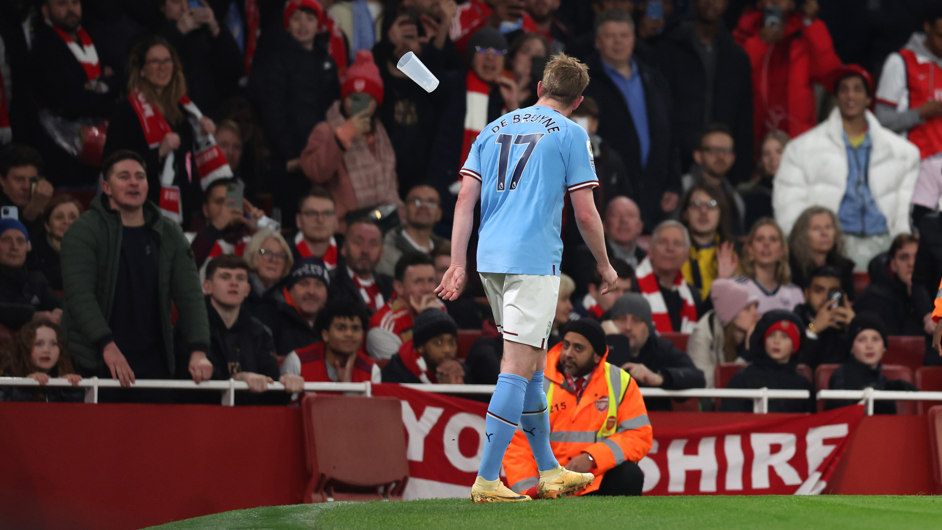 Arsenal condemn 'unacceptable' behaviour of fans after objects launched at De Bruyne